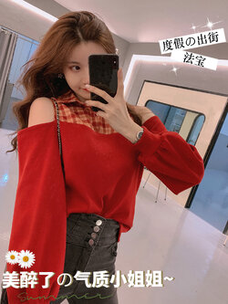 Palglg : พรีออเดอร์ เสื้อสเวตเตอร์คอโปโลลายสก็อต ช่วงแขนยาวเปิดไหล่สีแดง แบรนด์แท้