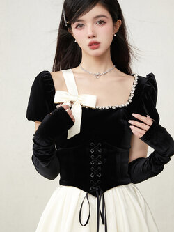 Acaine : พรีออเดอร์ ชุดเดรสออกงานสีดำขาวกำมะหยี่ประดับเพชรสวยหรูรอบคอ สไตล์ฝรั่งเศส แบรนด์แท้