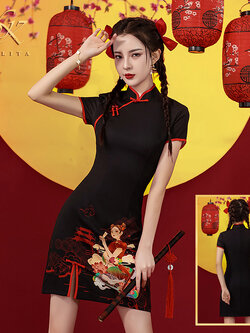 พรีออเดอร์ : ชุดกี่เพ้า ชุดตรุษจีน ชุดจีน เดรสสั้นรุ่นพิมพ์ลาย สีดำ