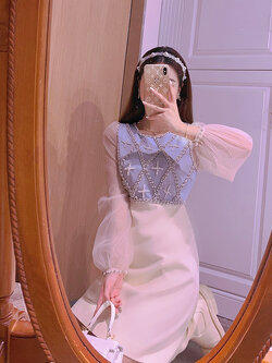 พรีออเดอร์ : เดรสแฟชั่นสไตล์หวาน ความยาวเหนือเข่า สีแอปริคอทฟ้า ช่วงบนประดับมุกตามแบบ