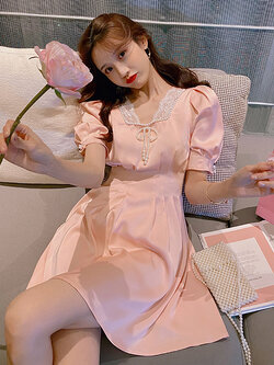 Palglg : พรีออเดอร์ เดรสแฟชั่นสไตล์เกาหลี แขนสั้น ช่วงปกประดับมุก แบรนด์แท้