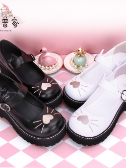 Angelic imprint : รองเท้าหนังแฟชั่นสไตล์ญี่ปุ่น ด้านหน้าแต่งลายหัวใจหนวดแมวน่ารักๆ รุ่นส้นเตารีดสูง 5 ซม. แบรนด์แท้