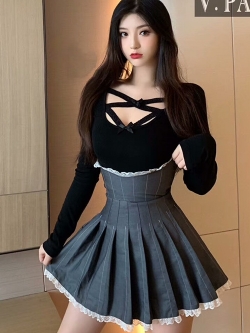 พรีออเดอร์ : กระโปรงแฟชั่นสไตล์เกาหลีเอวสูงใต้อกสไตล์วินเทจแต่งระบายน่ารักๆ ทรงตุ๊กตา มีให้เลือก 2สี