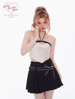 Girly Fancy Club : พรีออเดอร์ ชุดเซตแฟชั่น (ราคาแยกชิ้น) เสื้อเกาะอกมีสายคล้องคอ / กระโปรงสีดำหวานเข้าชุด แบรนด์แท้