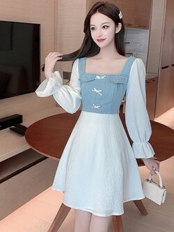 พรีออเดอร์ : เดรสแฟชั่นสไตล์เกาหลีแบบสวยหวานสีขาวแขนยาวตัดต่อผ้าเดนิ่มตามแบบ