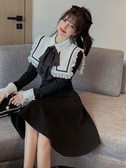 พรีออเดอร์ : เดรสแฟชั่นสไตล์เกาหลีสีดำแขนยาว แต่งปกกะลาสีน่ารักๆ