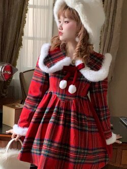 SanKouSan : พรีออเดอร์ เดรสแฟชั่นฤดูหนาวสไตล์หวานน่ารักสีแดงลายสก็อต (สินค้าไม่รวมหมวก)