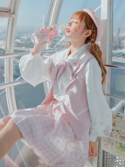 SNBL Girl : เสื้อกั๊กแฟชั่นสไตล์ญี่ปุ่นสีชมพูแต่งปกลายสก็อตติดโบว์ด้านหลัง งานแบรนด์