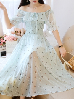 พรีออเดอร์ : เดรสยาวแฟชั่นสไตล์หวาน เกาะอก พิมพ์ลายหวานๆ ตามแบบ มีให้เลือก 2 สีค่ะ