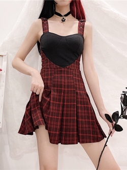 พรีออเดอร์ : เดรสสีแดงลายสก็อตแขนกุดแต่งสายเข็มขัด ตัดต่อผ้าสีดำช่วงอกตามแบบ