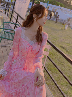 Palglg : พรีออเดอร์ เดรสยาวแฟชั่นสไตล์เกาหลีแขนสั้น สีขาวลายดอกไม้ฟ้า มีสายยาวผูกโบว์ด้านหลังหวานๆ แบรนด์แท้ สำเนา