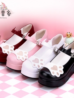 Angelic imprint : พรีออเดอร์ รองเท้าแฟชั่นสไตล์ญี่ปุ่น แบบหวานน่ารัก ประดับลายเท้าแมวตามแบบ หนัง PU รุ่นพื้นสี สูง 5 ซม. แบรนด์แท้