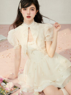 Acaine : พรีออเดอร์ ชุดเซ็ทแฟชั่น (ราคาแยกชิ้น) เดรสสายเดี่ยวแฟชั่นปักลาย / เสื้อคลุมครอปสั้น แบรนด์แท้