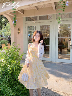 Palglg : พรีออเดอร์ เดรสลูกไม้สายเดี่ยวสีเหลืองหวานๆ งานแบรนด์