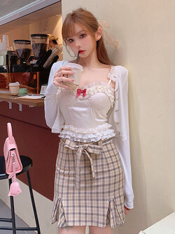 Girly Fancy Club : พรีออเดอร์ กระโปรงแฟชั่นมีสายผูกโบว์ด้านหน้าตามแบบ มีให้เลือก 2สี แบรนด์แท้