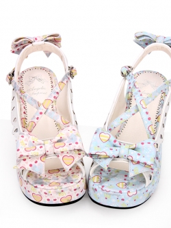 Angelic imprint : พรีออเดอร์ รองเท้าแฟชั่นสไตล์ญี่ปุ่น รุ่นสายไขว้พิมพ์ลายหัวใจน่ารักๆ PU สูง 5 ซม. แบรนด์แท้