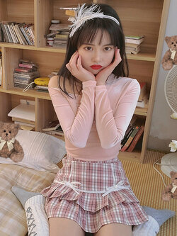 พรีออเดอร์ : กระโปรงแฟชั่นสไตล์เกาหลีญี่ปุ่นสีชมพูลายสก็อต