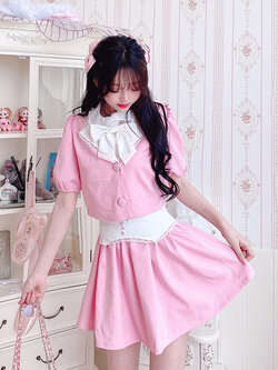 Summer Joy : พรีออเดอร์ ชุดเซ็ตสองชิ้นแฟชั่นน่ารักๆ สไตล์ญี่ปุ่น JK เสื้อสูทแขนตุ๊กตาครอปสั้น + กระโปรงเข้าชุด แบรนด์แท้
