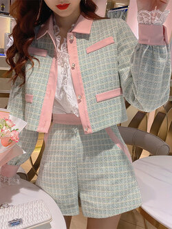 Palglg : พรีออเดอร์ ชุดเซ็ตแฟชั่นโทนสีพาสเทลผ้าทวีต (ราคาแยกชิ้น) เสื้อสูทสั้นแขนยาว และ กางเกงขาสั้น แบรนด์แท้