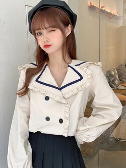 พรีออเดอร์ : เสื้อเชิ้ตแฟชั่นแขนยาวแบบติดกระดุมสองแถวสไตล์ญี่ปุ่นน่ารักๆ มีให้เลือก 2สี