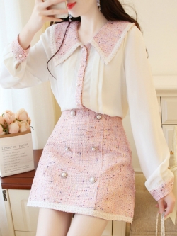 พรีออเดอร์ : ชุดเซ็ทแฟชั่นสไตล์หวาน เสื้อชีฟอง + กระโปรงเข้าชุด ( มีให้เลือก 3 สีค่ะ)
