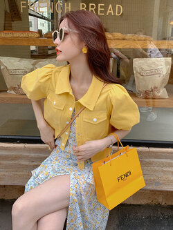 Palglg : พรีออเดอร์ เสื้อแจ็คเก็ตครอปสั้นสีเหลือง แบรนด์แท้