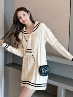 พรีออเดอร์ : เดรสสเวตเตอร์ทรงหลวมแต่งปกกะลาสี เดรสไหมพรมแขนยาวสไตล์เกาหลีญี่ปุ่นน่ารักๆ มีให้เลือก 4สี