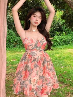 พรีออเดอร์ : เดรสชีฟองแฟชั่นสายเดี่ยวลายดอกไม้หวานๆ