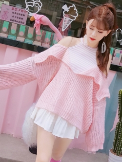 พรีออเดอร์ : เสื้อไหมพรมแฟชั่นน่ารักๆ เปิดไหล่ ใส่แบบหลวมๆ สไตล์ญี่ปุ่น