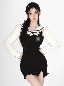 Shaoyeyan : พรีออเดอร์ ชุดเซ็ท (ราคาแยกชิ้น) เสื้อเชิ้ตแขนยาวปกกะลาสี และ เดรสเข้ารูปสไตล์วิทยาลัย แบรนด์แท้