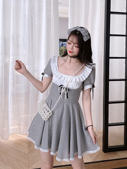 Summer Joy : พรีออเดอร์ เดรสแฟชั่นสไตล์ญี่ปุ่นน่ารักๆ สีดำลายสก็อต งานแบรนด์