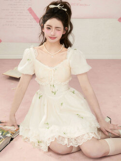 Acaine : พรีออเดอร์ เดรสชีฟองสไตล์โลลิหวานน่ารักแต่งระบายลูกไม้ เดรสทรงตุ๊กตา แบรนด์แท้