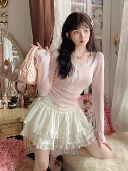 Bobon21 : พรีออเดอร์ กระโปรงแฟชั่นสไตล์ญี่ปุ่นระบาย และ ผ้าคลุมลูกไม้ผูกเอว (ราคาแยกชิ้น) แบรนด์แท้