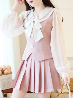 พรีออเดอร์ : ชุดเซ็ทแฟชั่นสไตล์เกาหลีญี่ปุ่น เสื้อแขนยาว + กระโปรงจีบรอบ ( มีให้เลือก 3 สีค่ะ )