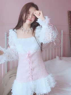 พรีออเดอร์ : เดรสแฟชั่นสไตล์หวานแขนยาวช่วงเอวแต่งสายผูกตามแบบ