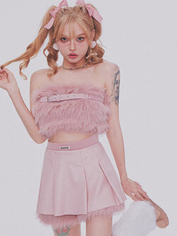 Girly Fancy Club : พรีออเดอร์ ชุดเซ็ทแฟชั่น (ราคาแยกชิ้น) เสื้อเกาะอกขนนุ่มแต่งเข็มขัด และ กระโปรงตามแบบ แบรนด์แท้