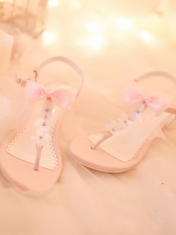 รองเท้าแตะแฟชั่นสไตล์หวานประดับโบว์น่ารักๆ หนัง PU ส้นสูง 4 ซม. แบรนด์แท้ Candy Rain