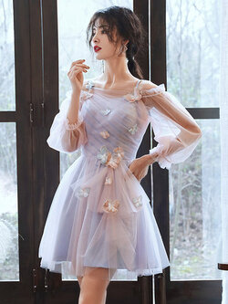 พรีออเดอร์ : เดรสออกงานแฟชั่นสไตล์เจ้าหญิงโทนสีม่วงชมพูพาสเทลหวานๆ มีให้เลือกความยาว 3 ระดับ