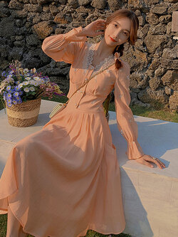 Palglg : พรีออเดอร์ กระโปรงยาวแฟชั่นสีส้ม ด้านหลังสม็อคติดซิป แบรนด์แท้