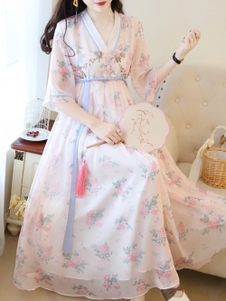 พรีออเดอร์ : Hanfu เดรสยาวชีฟองสไตล์จีนวินเทจประยุกต์ แบบสวยหวาน มีให้เลือก 2 สีค่ะ