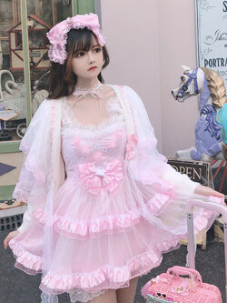 พรีออเดอร์ : เสื้อคลุมกันหนาวสไตล์โลลิต้าผ้าขนนุ่มสีขาวแต่งระบายลูกไม้คลุมไหล่สีชมพูหวานๆ ตามแบบ