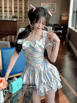 Summer Joy : พรีออเดอร์ ชุดเซ็ทแฟชั่นสไตล์เกาหลีญี่ปุ่น (ราคาแยกชิ้น) เสื้อลายสก็อตแต่งโบว์ใหญ่สามารถใส่ได้ 2 แบบ เปิดไหล่หรือแขนสั้น และ กระโปรงแต่งระบายทรงเค้กน่ารักๆ แบรนด์แท้