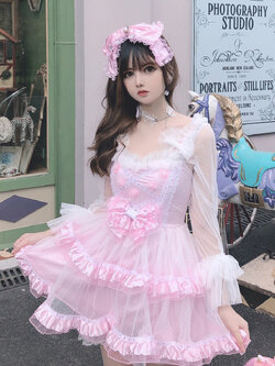 พรีออเดอร์ : เดรสแฟชั่นสไตล์โลลิต้าน่ารักๆ แต่งระบายลูกไม้ลายจุด มีให้เลือก 2 แบบ แบบแขนยาวเปิดไหล่ และ แบบแขนกุด