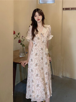 พรีออเดอร์ : เดรสยาวฤดูร้อนแฟชั่นสไตล์หวานน่ารักๆ ลายดอกไม้ คอวี ผ่าข้างตามแบบ