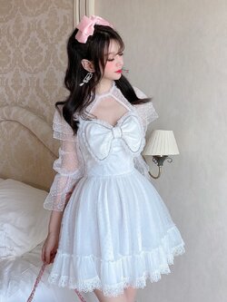 Summer Joy : พรีออเดอร์ เดรสสั้นน่ารักๆ ประดับโบว์ใหญ่ สามารถถอดย้ายตำแหน่งได้ แบรนด์แท้ (สินค้าไม่รวมโบว์เล็กสีดำหรือสีชมพู)