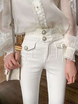 Aviva On Earth : พรีออเดอร์ กางเกงยีนส์ขายาวเอวสูงแต่งกระดุม มีให้เลือก 2สี แบรนด์แท้