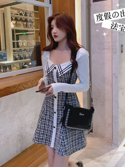 Palglg : พรีออเดอร์ เดรสแฟชั่นแขนยาวสไตล์เกาหลีแบบสวยหวานผ้าทวีต แบรนด์แท้