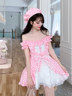 Summer Joy : พรีออเดอร์ ชุดเดรสแฟชั่นลายสก็อต แต่งช่วงล่างสีขาวพองๆ น่ารักๆ แบรนด์แท้ ( สินค้าเฉพาะชุดไม่รวมหมวกและ choker )