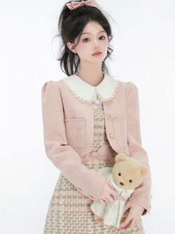 Acaine : พรีออเดอร์ (ชุดเซ็ทราคาแยกชิ้น) เดรสสายเดี่ยวผ้าทวีตแต่งผ้าคาดเอวโบว์ชมพูชายระบายลูกไม้ / เสื้อเชิ้ตสีแอปริคอทแขนตุ๊กตา / เสื้อเบลเซอร์ครอปสั้น แบรนด์แท้