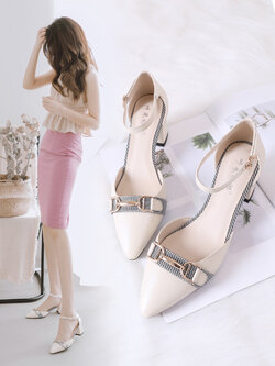 Kaminina : พรีออเดอร์ รองเท้าหนังแฟชั่นสไตล์เกาหลี ทรงปลายแหลม รุ่นส้นหนา สูง 5.5 ซม. มีให้เลือก 2สี